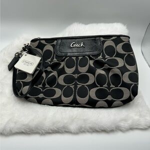 Coach Signature “C” Wristlet – Black/Gray Canvas Leather Trim – Authentic